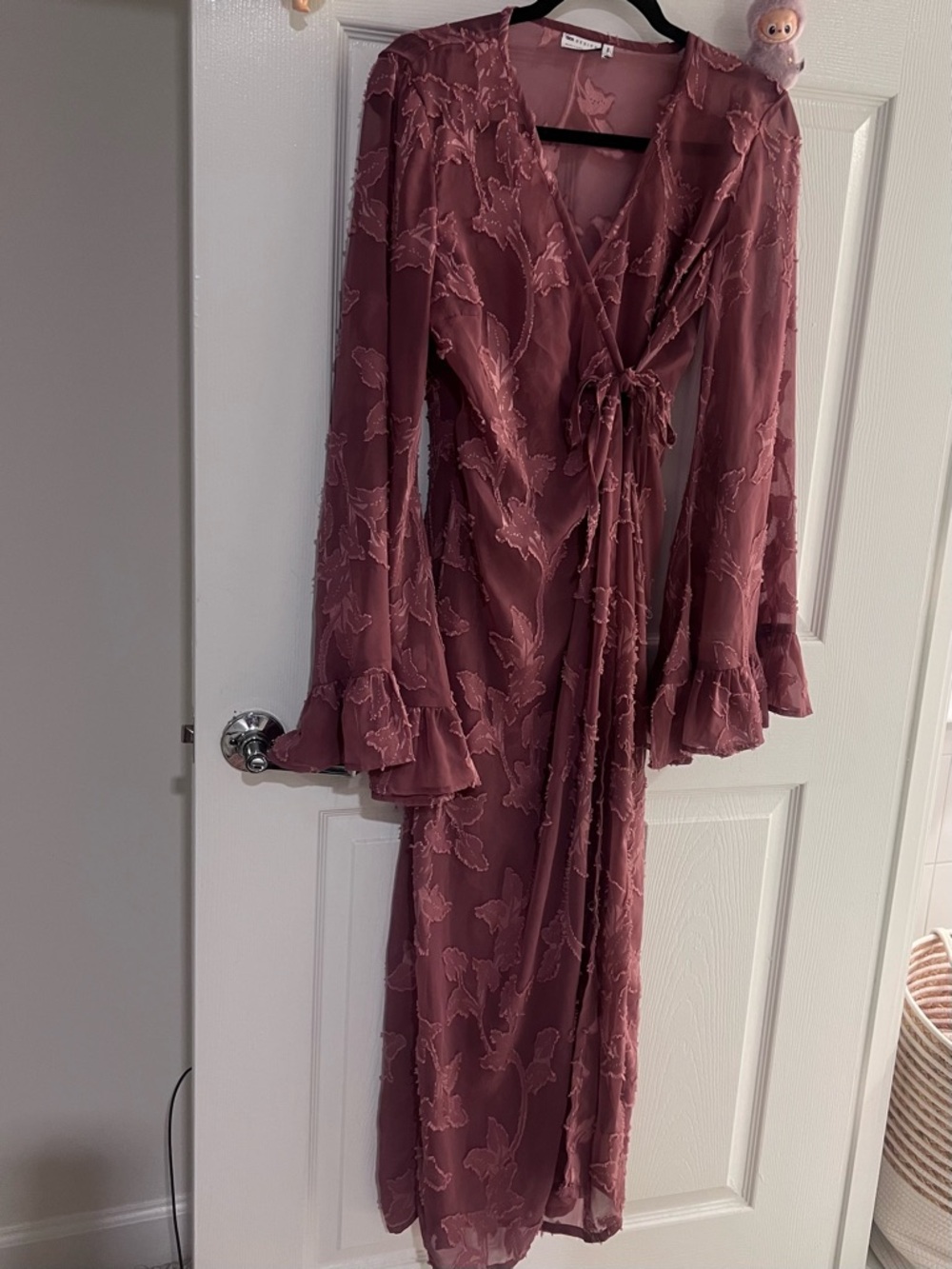 ASOS DESIGN burnout floral wrap dress with flared sleeves in dark rose